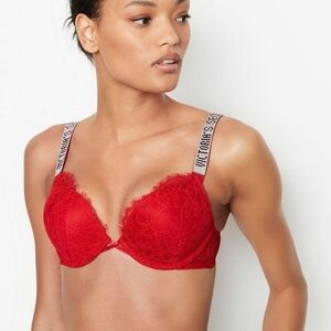 VICTORIA'S SECRET BOMBSELL PUSH UP  Vibrant Red Lace W/ Rhinestone Strap  36 C